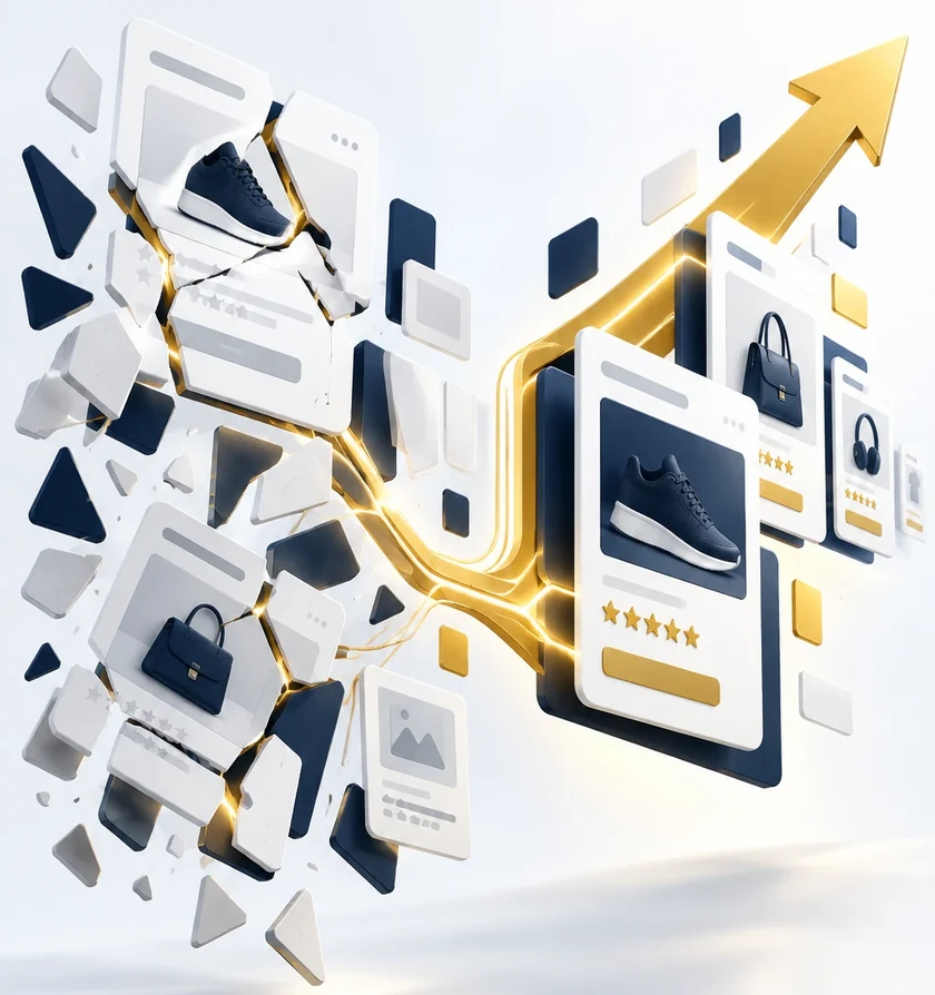 Shattered product pages on the left, mended by a gold seam into working product
                pages with ratings and buy buttons on the right, under a rising gold arrow