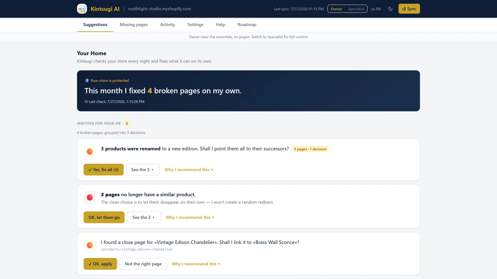 Owner home: broken pages grouped into a few plain decisions