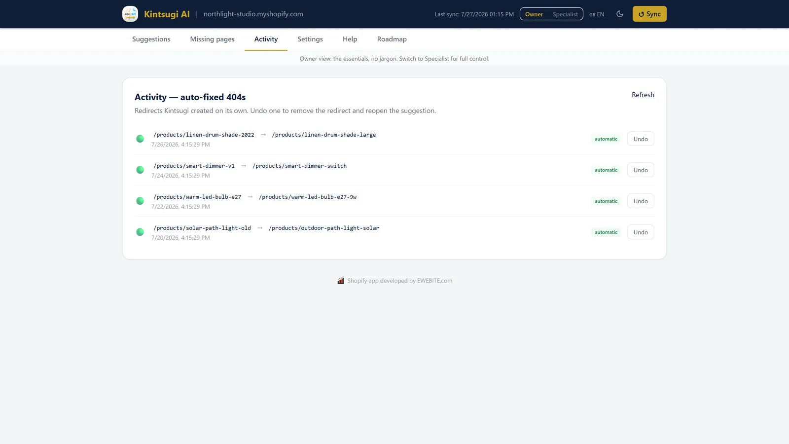 Activity log of automatic fixes, each with an Undo button